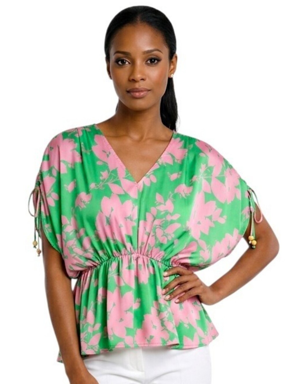 Umgee USA Inc. Green & Pink Floral V-Neck Peplum Blouse Size M